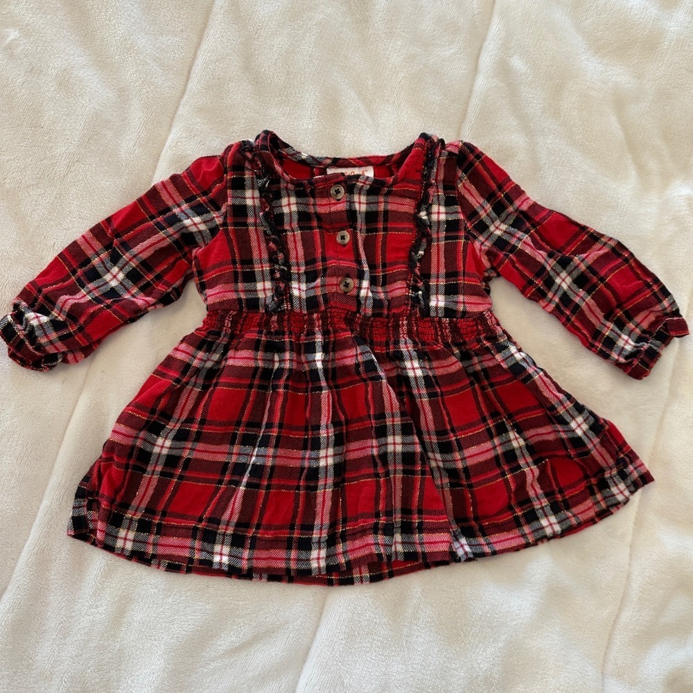 Cat Jack Plaid Flannel Dress Long Sleeve Ruffle Button Red Gold‎ Baby 12M